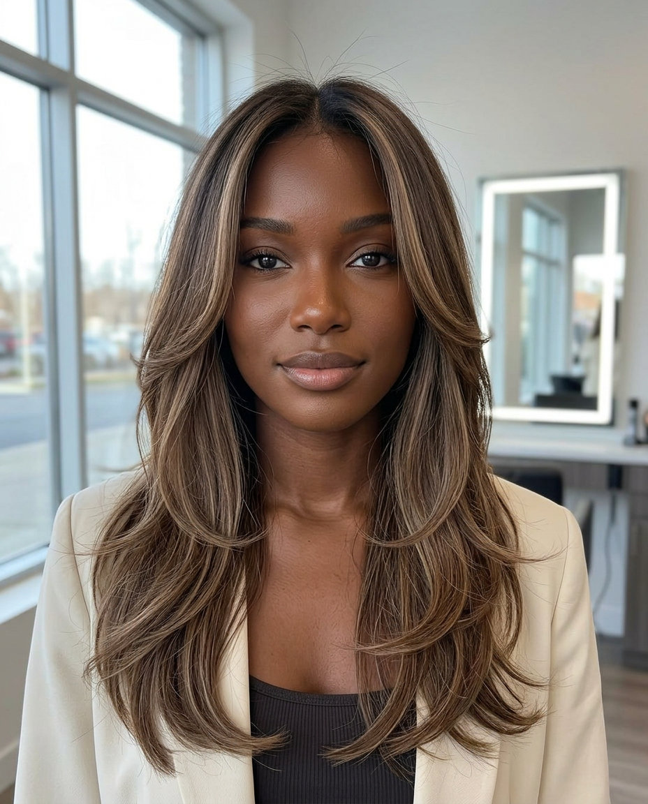 Muted Morel Shadow Root Hair 2026 long layered mushroom brown hair color with warm beige highlights, shadow root — effortless natural look