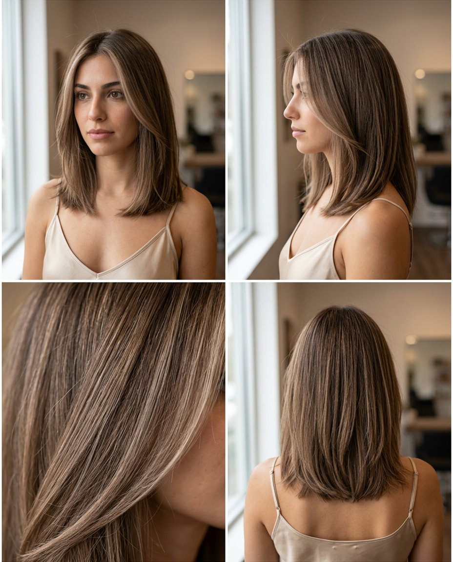 Muted Morel Mushroom Brown Hair 2026 long muted morel mushroom brown hair with beige undertones, hand-painted money pieces, no fringe — radiant french chic