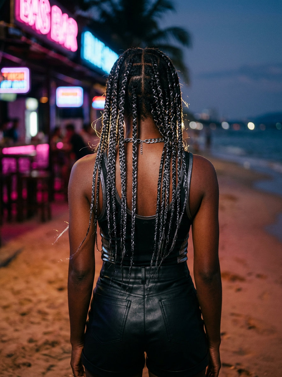 long natural black braids with silver metallic threads and geometric patterns for concert