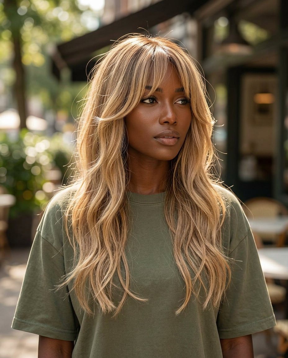 long layered face-framing haircut with curtain bangs in natural blonde with balayage
