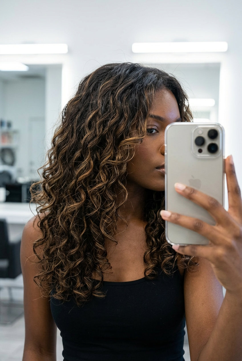 long layered natural brown with caramel highlights and face-framing layers for summer