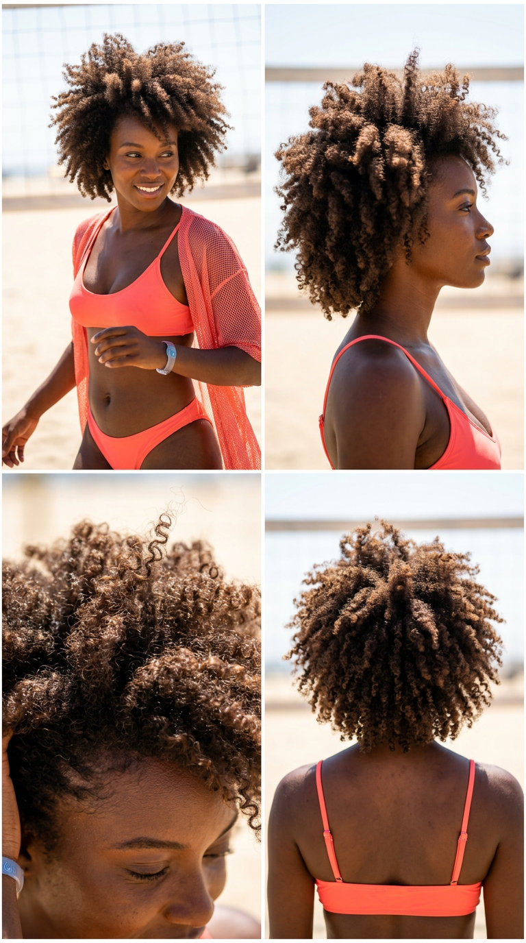 short afro haircut with natural brown color, defined curls, and bold mood for summer