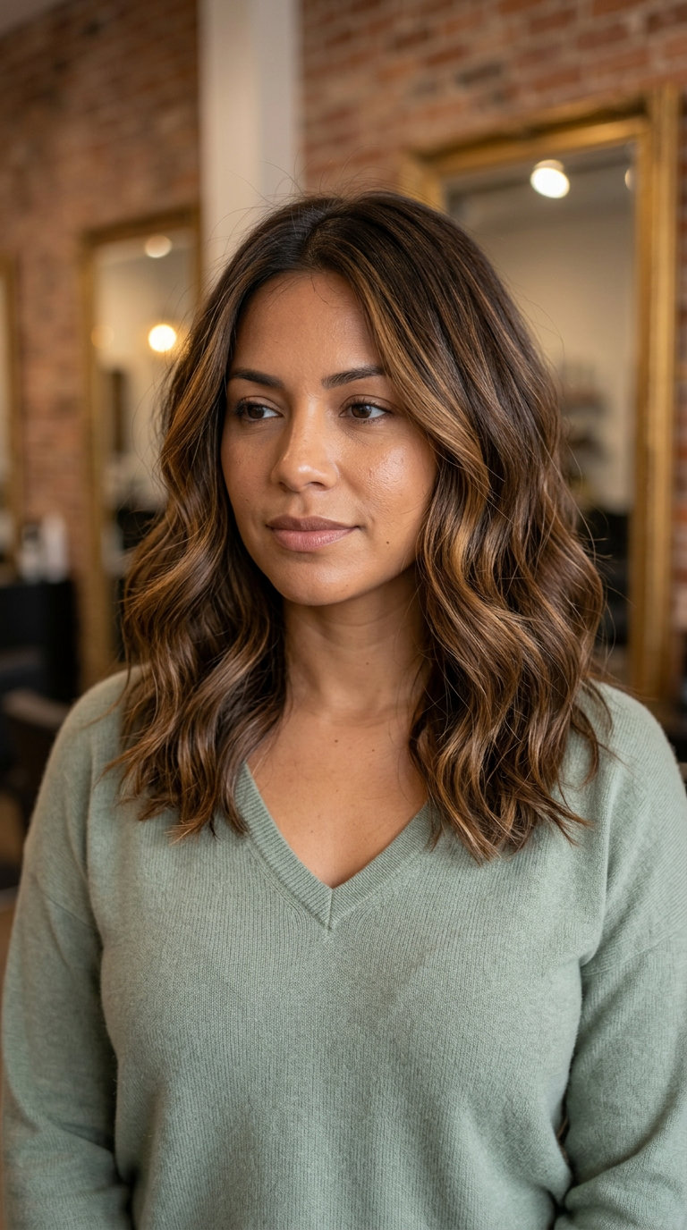 long medium brunette with amber-gold babylights, face-framing pieces for natural dimension