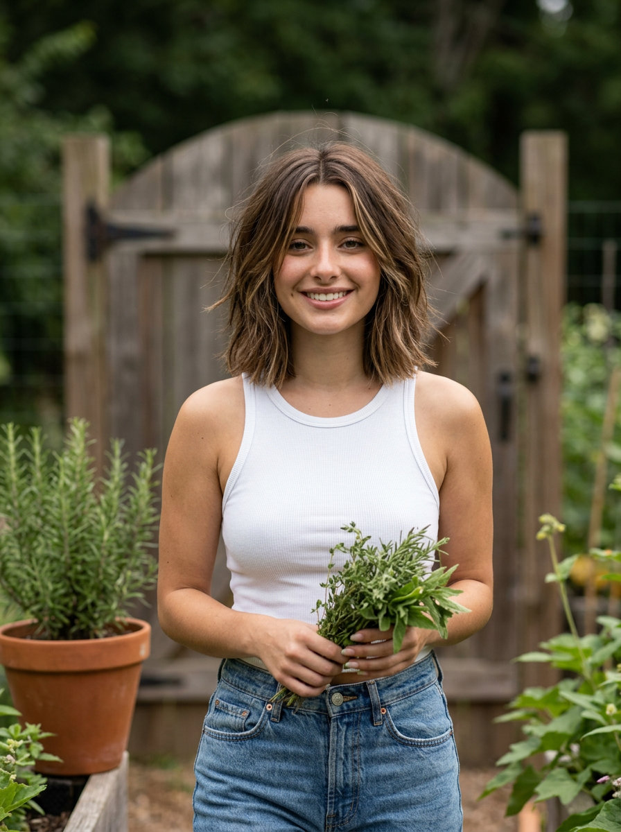 long bob with natural brunette color, choppy face-framing layers for cool vibe