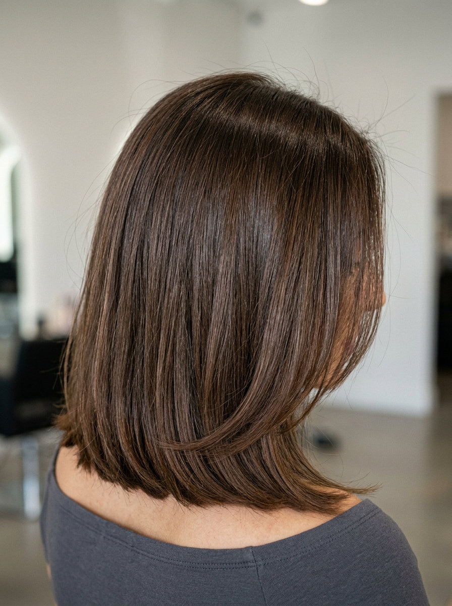 medium natural brunette lob with subtle warmth, curved U-shape for professional elegance