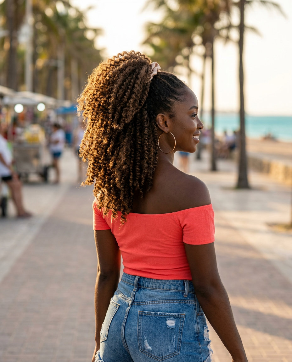 long layered pineapple ponytail with rich natural curls and volume for summer