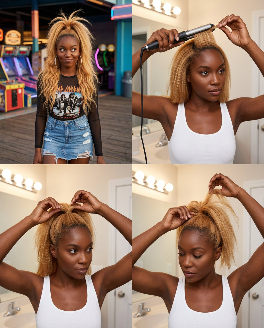 Retro Crimped Half-Up Palm Pony 2026 long nectarine blonde hair with retro crimped half-up ponytail for festivals
