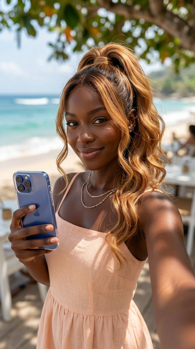 Romantic Soft Wave Palm Pony 2026 long soft waves ponytail with nectarine blonde, brushed out curls for romantic summer wedding guest