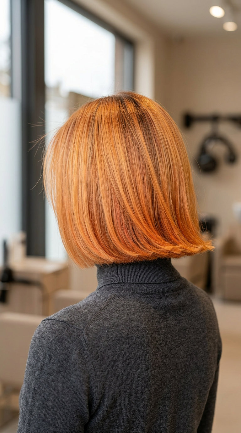 chin-length bob strawberry blonde with vibrant nectarine hue, sharp lines, edgy