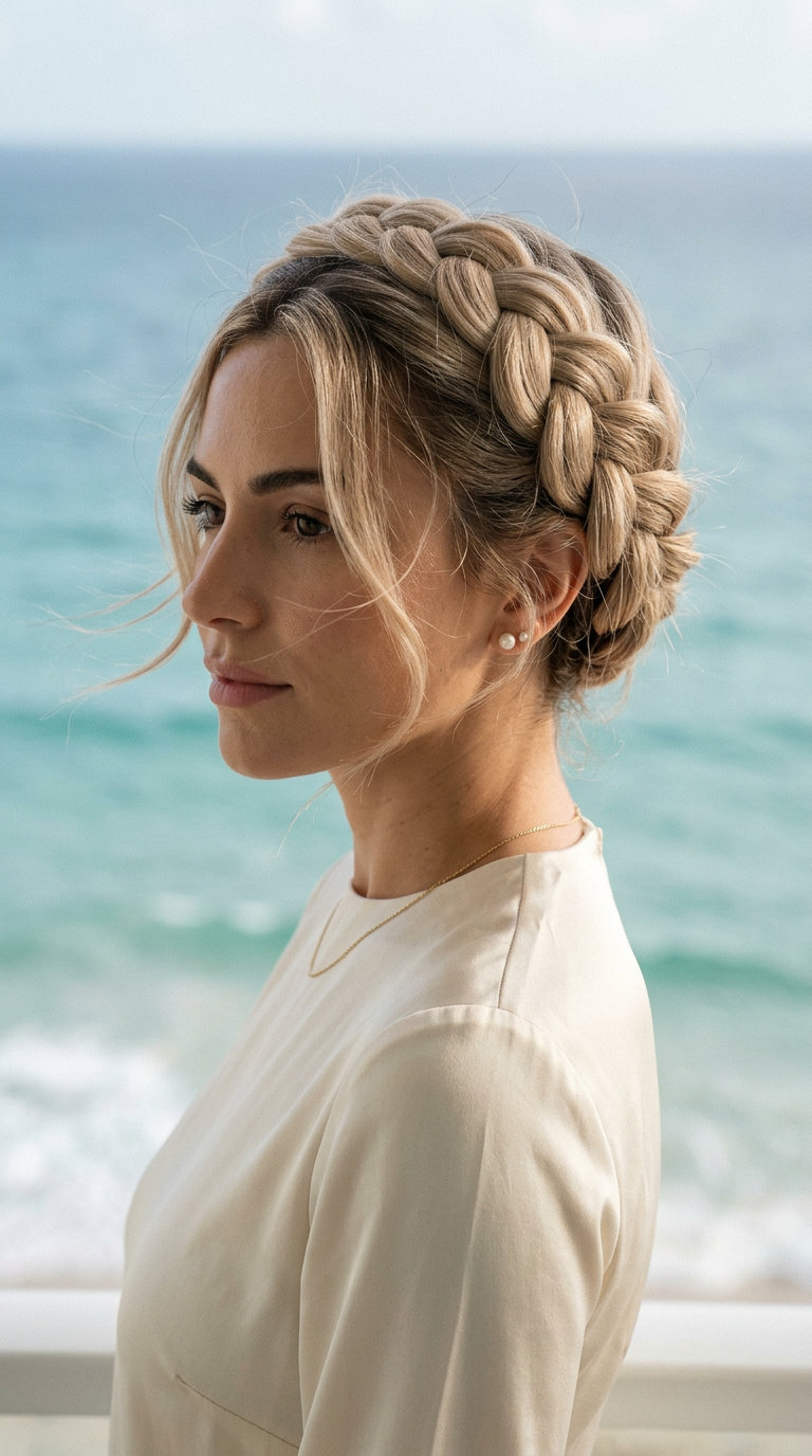 long neutral beige blonde halo braid with Dutch braid technique and volume for summer wedding