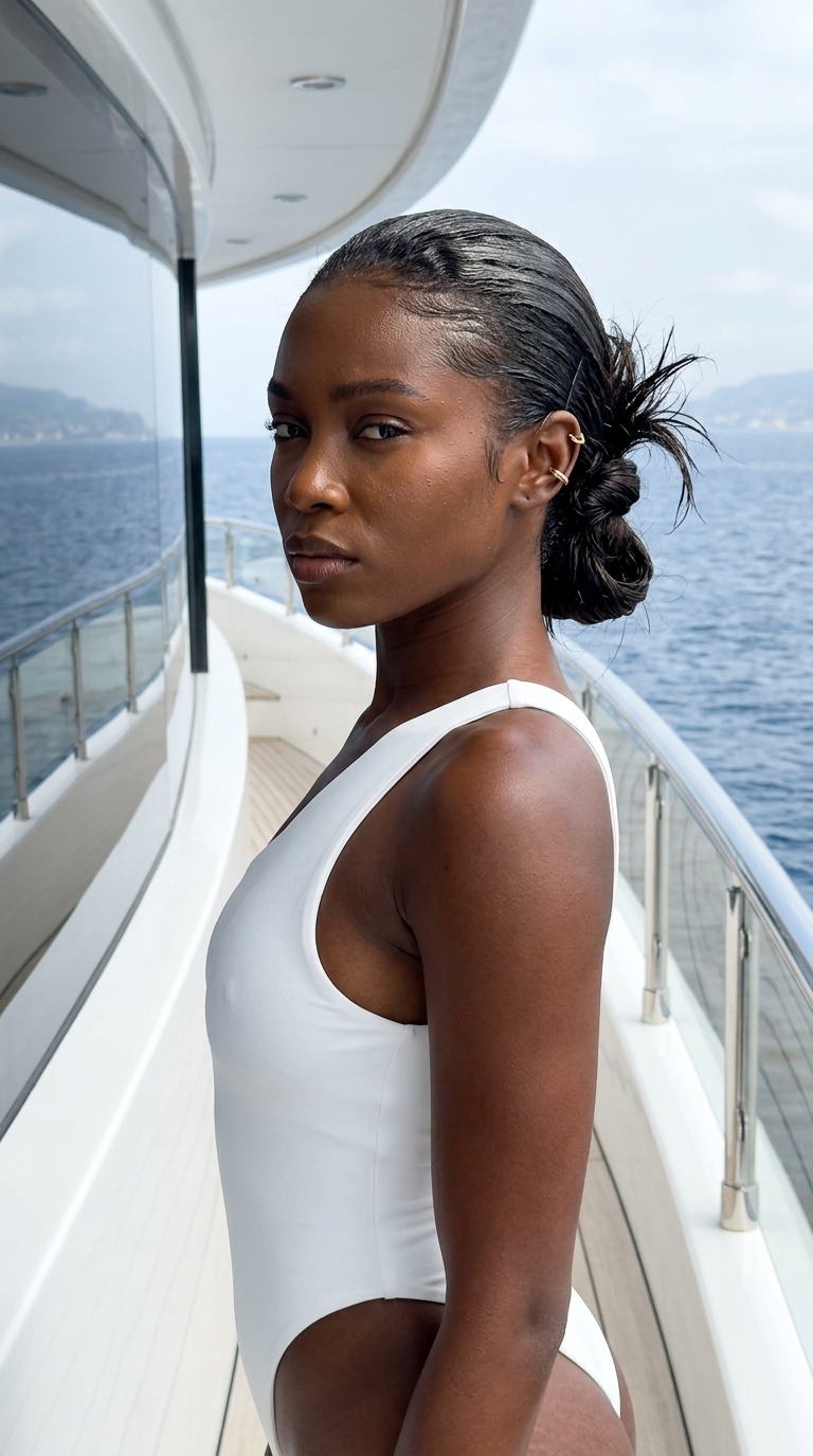 long ombré messy summer updo hairstyle with deep espresso tones, wet-look knot, slicked edges — edgy cocktail hour
