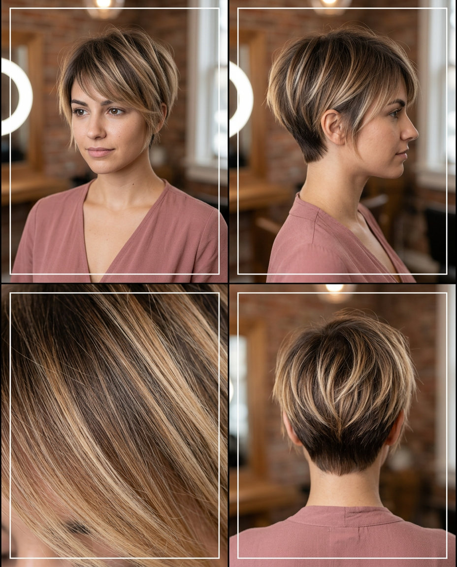 short pixie haircut with ombré brunette to sandy blonde, point-cut texture, wispy fringe — playful
