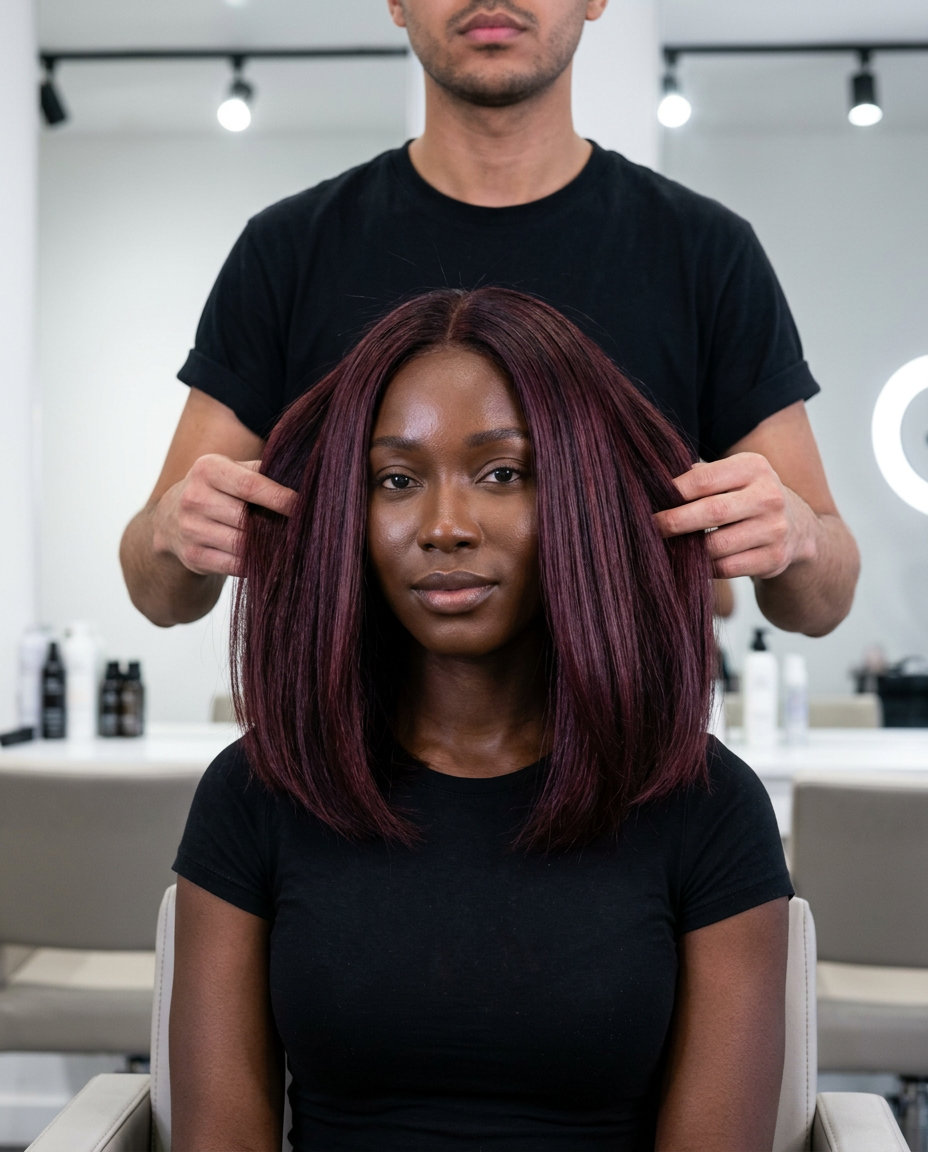 Edgy Oxblood Tinted Brunette Bob 2026 blunt bob oxblood tint on deep brunette, all-over rich red-violet, high shine — edgy