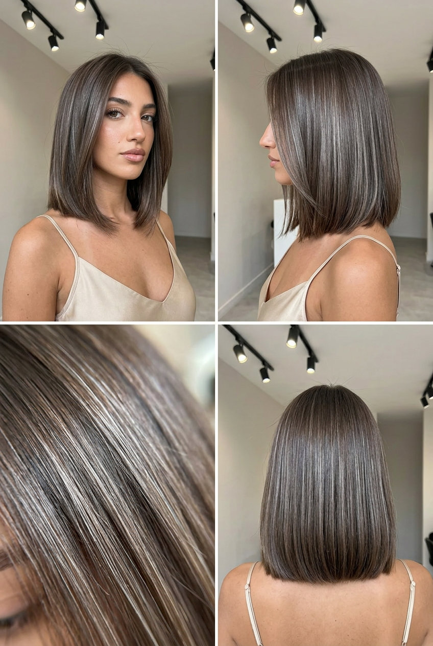 Oyster Mushroom Brown Bob 2026 short blunt bob mushroom brown hair color with pearlescent silver highlights, scattered babylights — minimalist sleek look