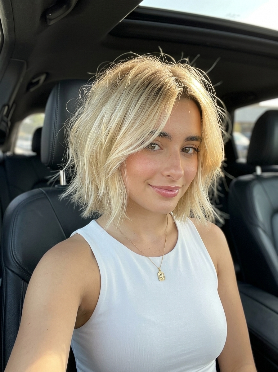 Sun-Kissed Balayage Bob 2026 short choppy bob haircut with pale blonde highlights, aggressive layering, piecey face-framing — beachy vacation