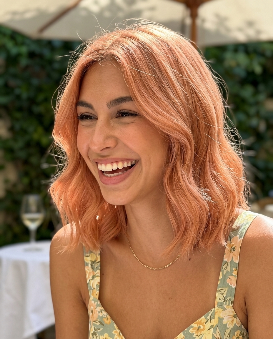 shoulder-length pastel copper lob haircut with peach undertones, soft layers for summer