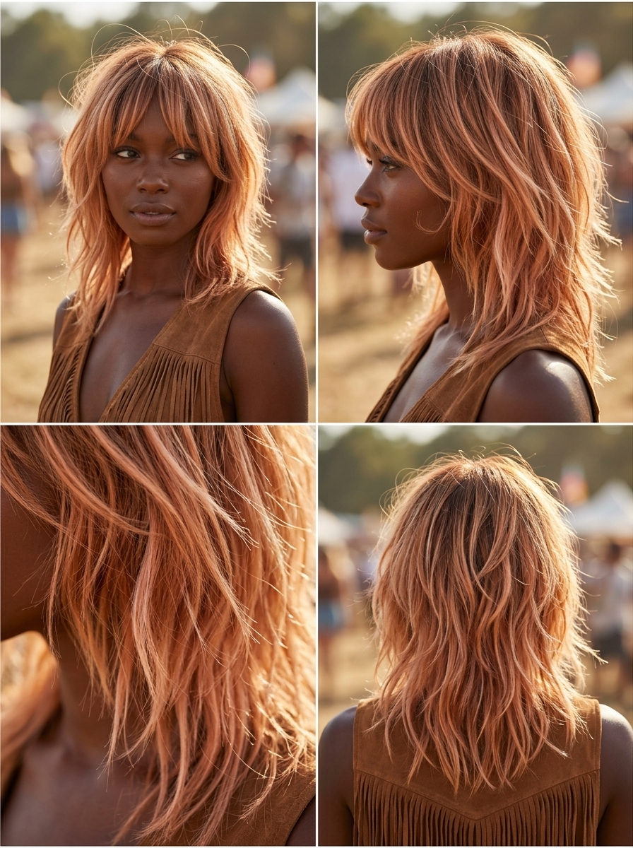 shoulder-length shag soft pastel copper with strawberry blonde balayage and curtain bangs for festival