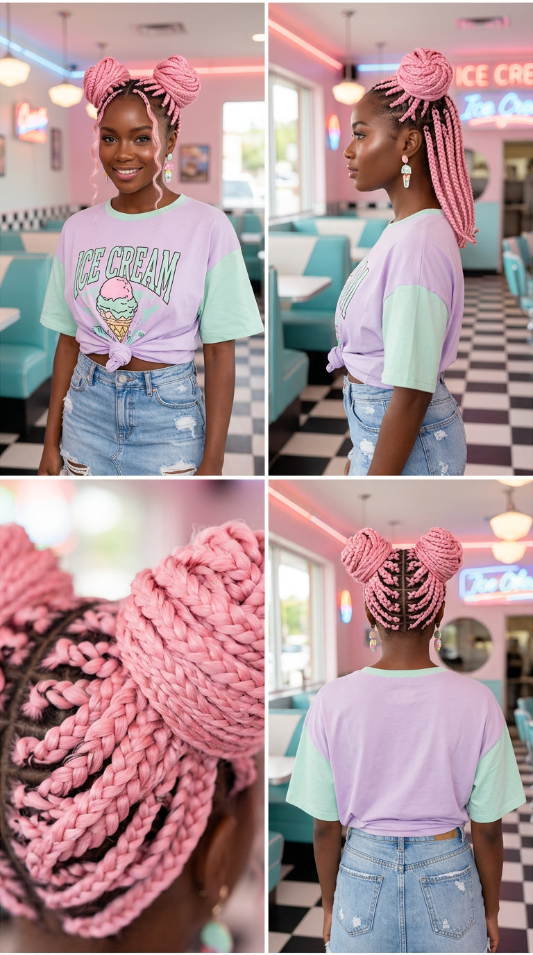 long pastel pink braided space buns with iridescent metallic accents, playful textured finish for festival