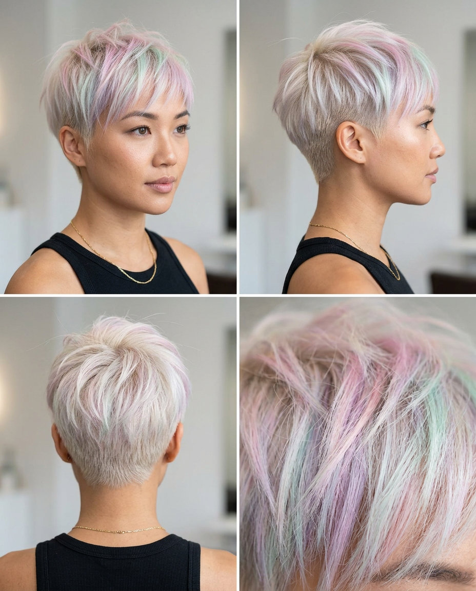 very short pixie haircut in pastel pink/lavender/mint, piecey texture, soft wispy front — playful summer