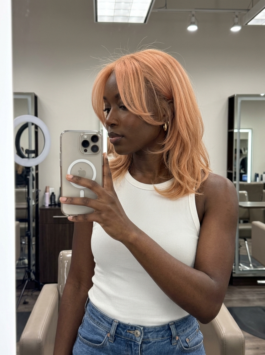 Peach Fuzz Face-Framing Cut 2026 medium layered haircut in soft peach with apricot highlights, face-framing for round faces