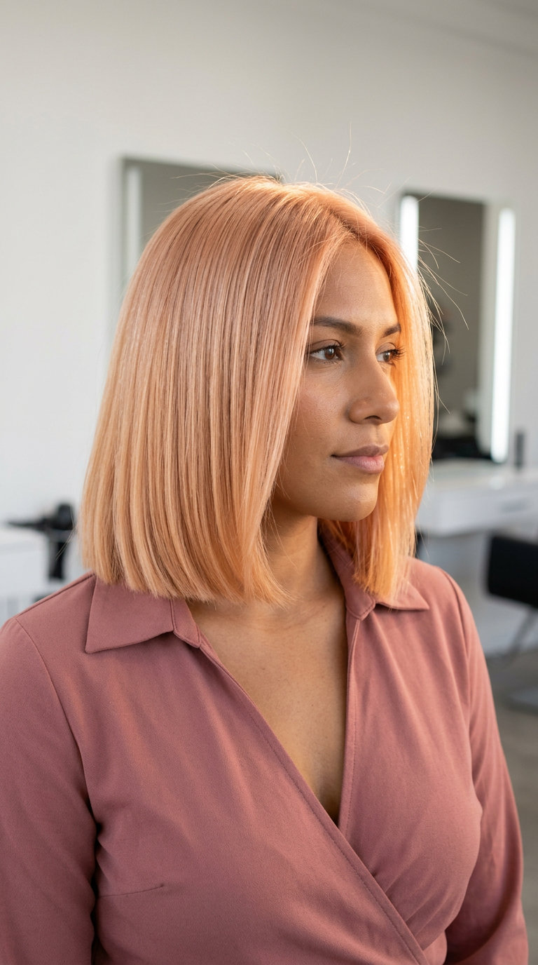 shoulder-length blunt lob strawberry blonde with honeyed peach hue, blunt ends, chic