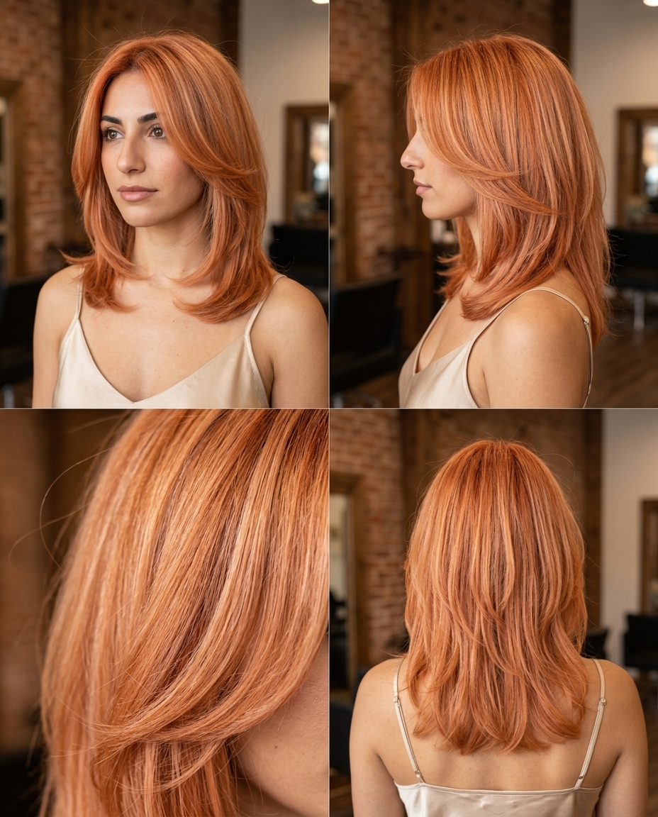 Retro Peach Fuzz Copper Midi Haircut medium peach fuzz copper haircut with strawberry blonde babylights, face-framing C-shape layers for summer parties