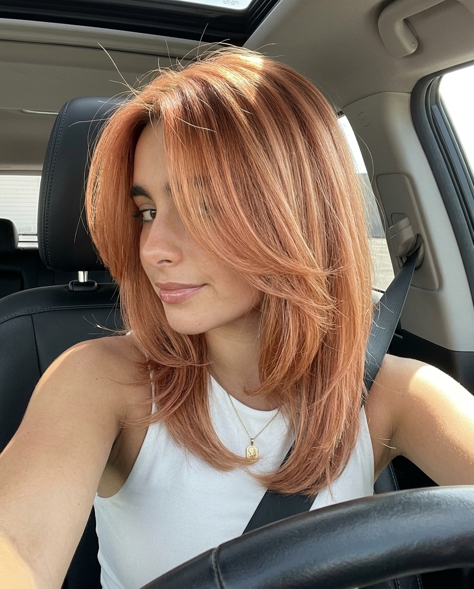 Peach Fuzz Dream Midi Haircut 2026 medium layered peach fuzz copper haircut with rose gold accents, face-framing layers, no bangs — romantic, ethereal