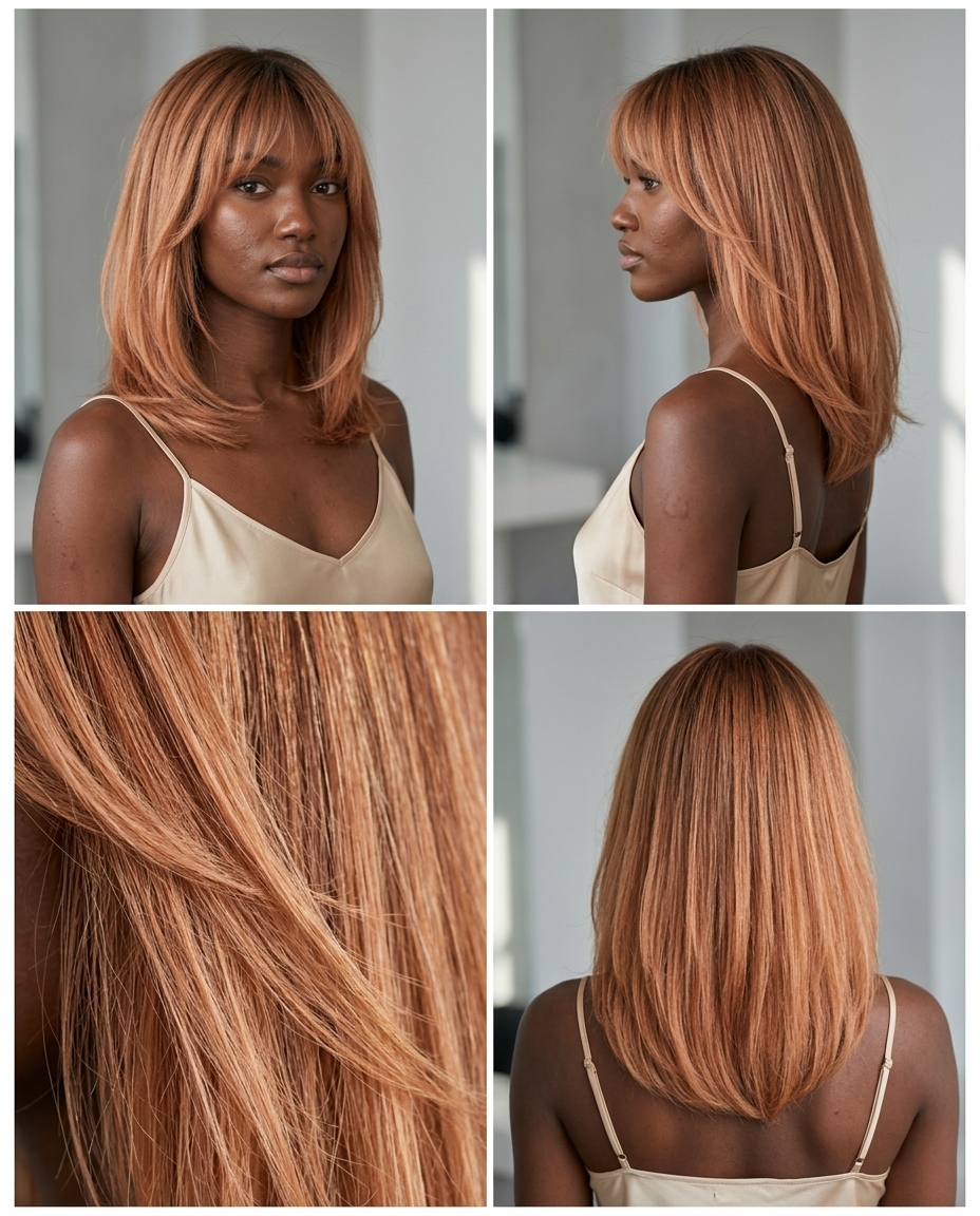 The Peach Fuzz Midi Haircut 2026 medium layered peach fuzz copper haircut with strawberry blonde accents, wispy fringe — romantic, soft