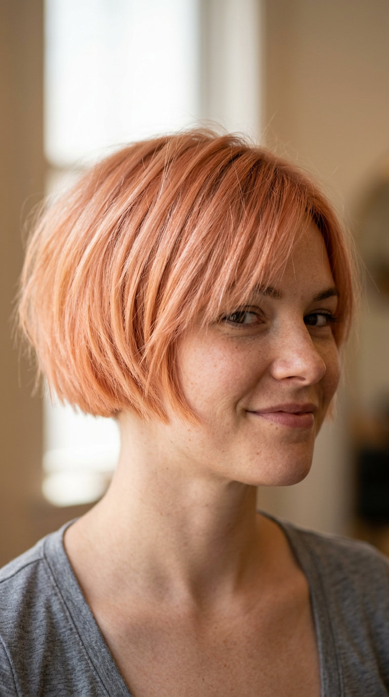 short choppy bob haircut with pastel peach copper, razor-textured ends, no fringe — playful boldness