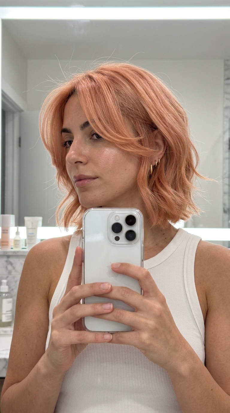 Peach Fuzz Choppy Bob 2026 short choppy bob haircut with peach copper, rose gold, and face-framing layers for summer 2026