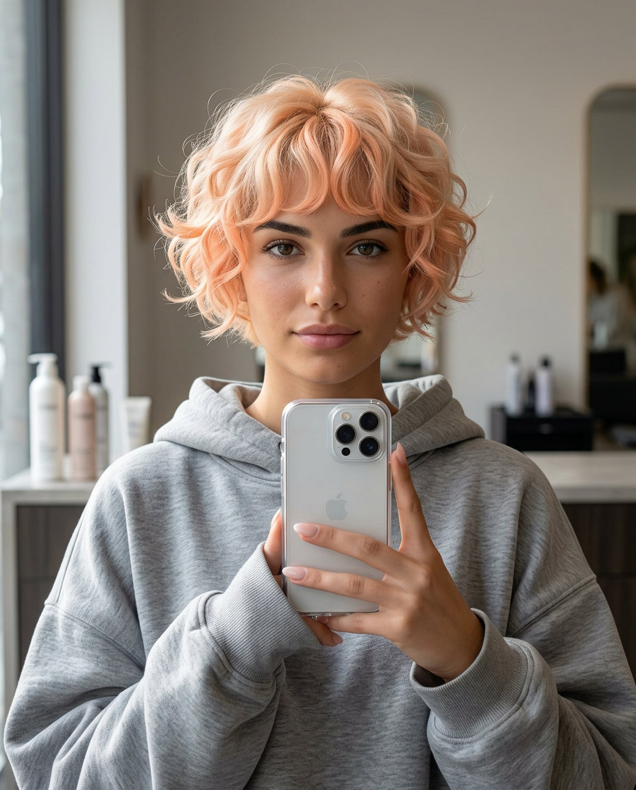 very short bixie haircut for curls in pastel peach accents, internal layers, curly fringe — playful whimsical style