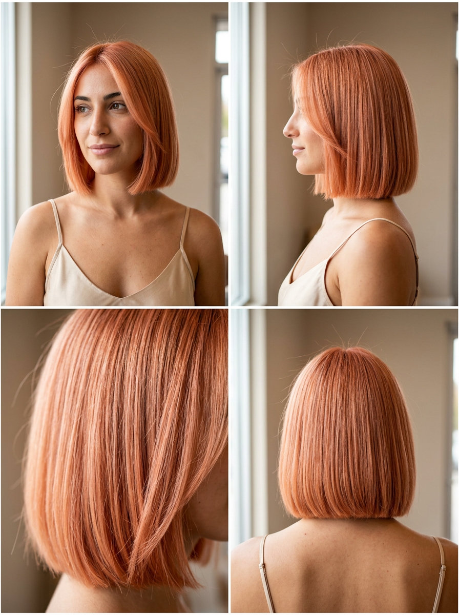 chin-length blunt bob with peach fuzz copper color, subtle face-framing for playful vibe