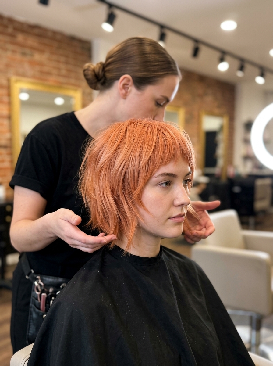 Electric Peach Bob 2026 short choppy bob haircut with peach fuzz copper color, strawberry blonde accents, micro-fringe — playful festival