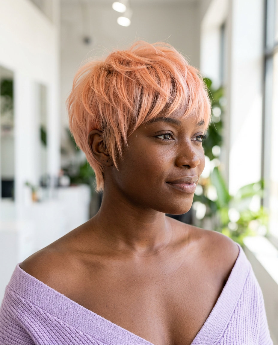 short razored peach fuzz pixie cut with piecey texture for vibrant edgy style