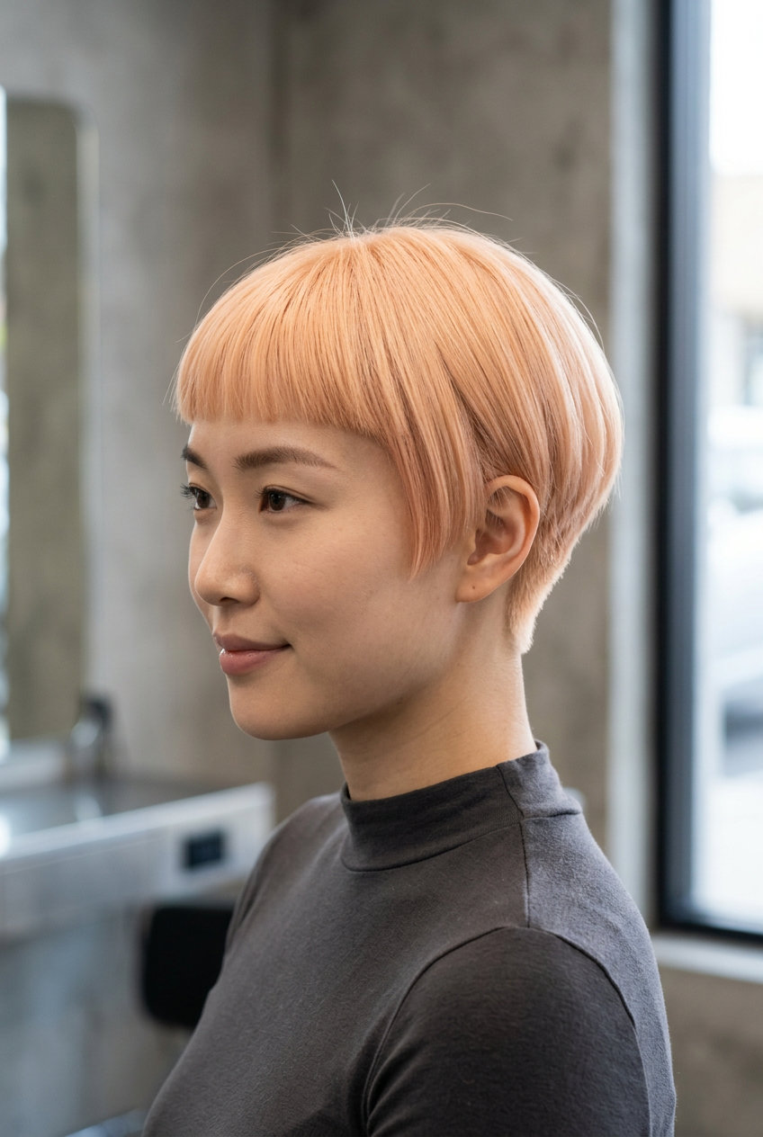 very short bixie haircut in uniform pastel peach, blunt perimeter, blunt fringe — chic professional style