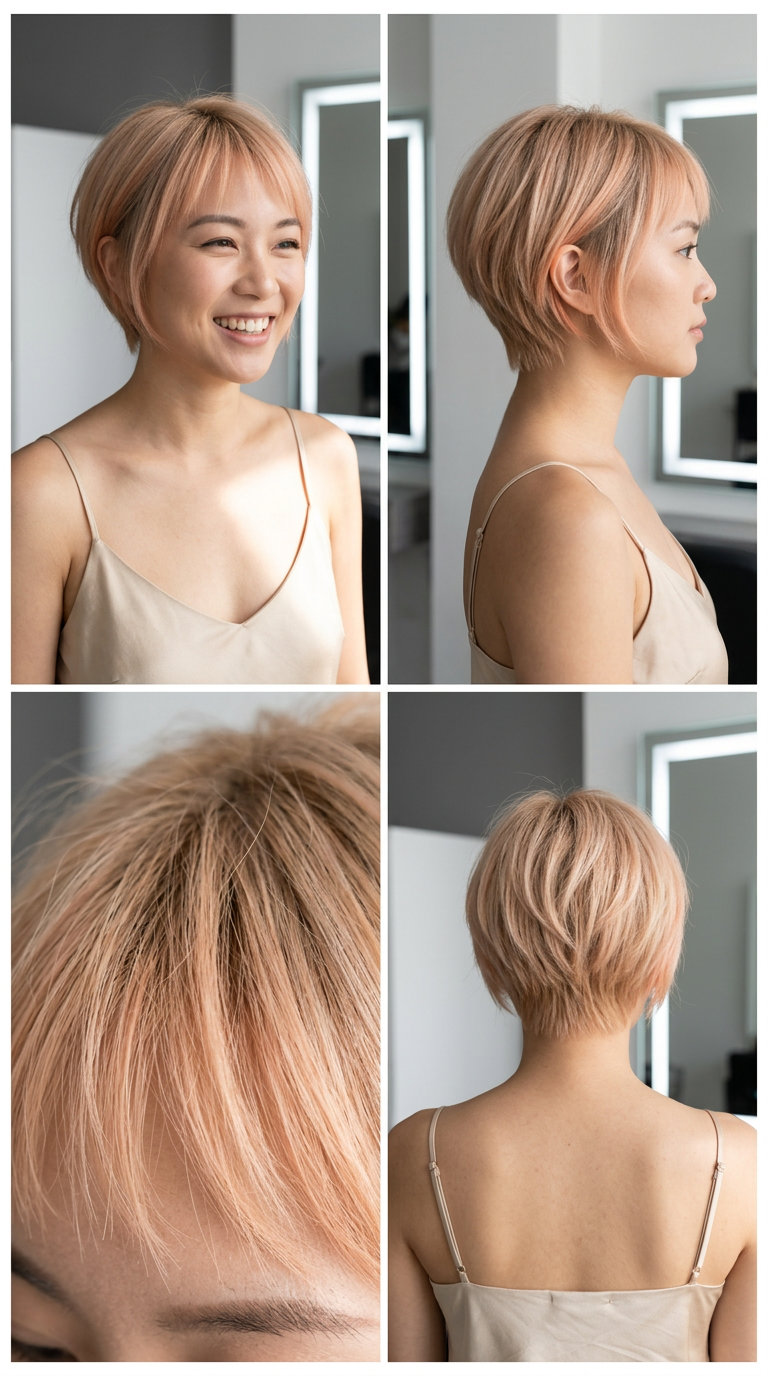 very short bixie haircut in soft peach fuzz with piecey layers and wispy micro-fringe for weekend brunch
