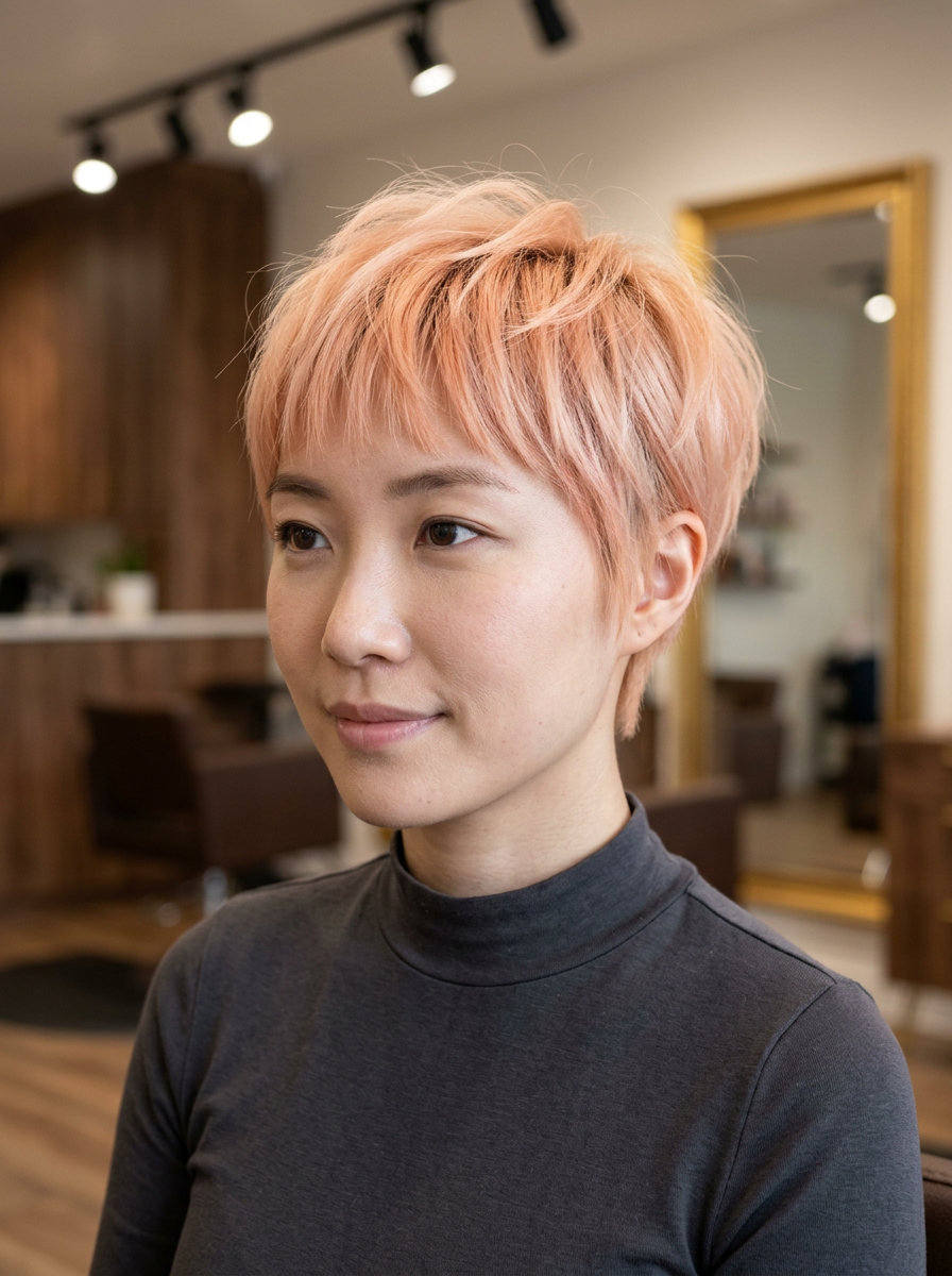 very short bixie haircut in soft peach fuzz with tousled layers and piecey fringe for festivals