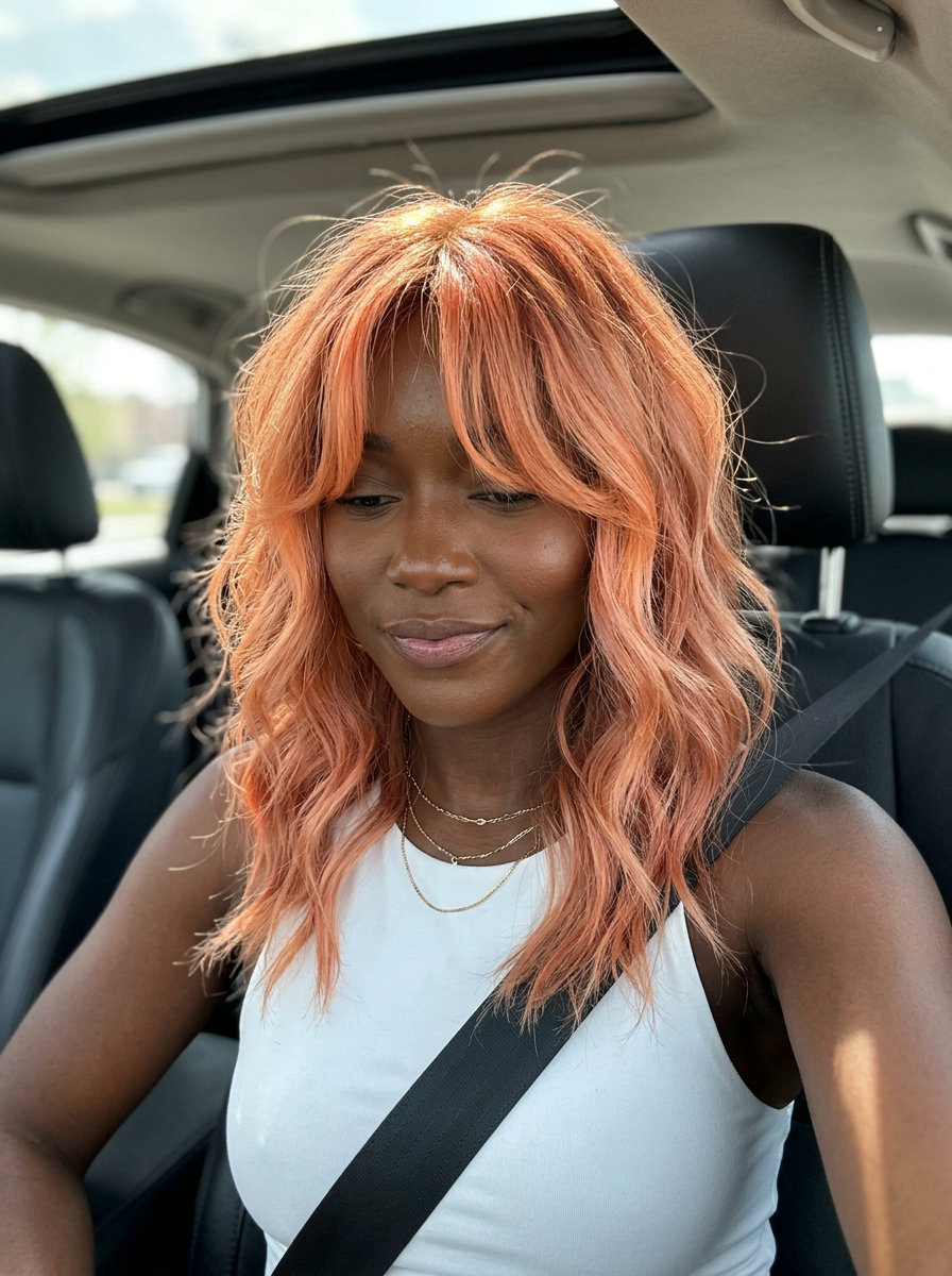 mid-length layered haircut in juicy peach with face-framing money pieces, wispy layers and optional fringe for summer