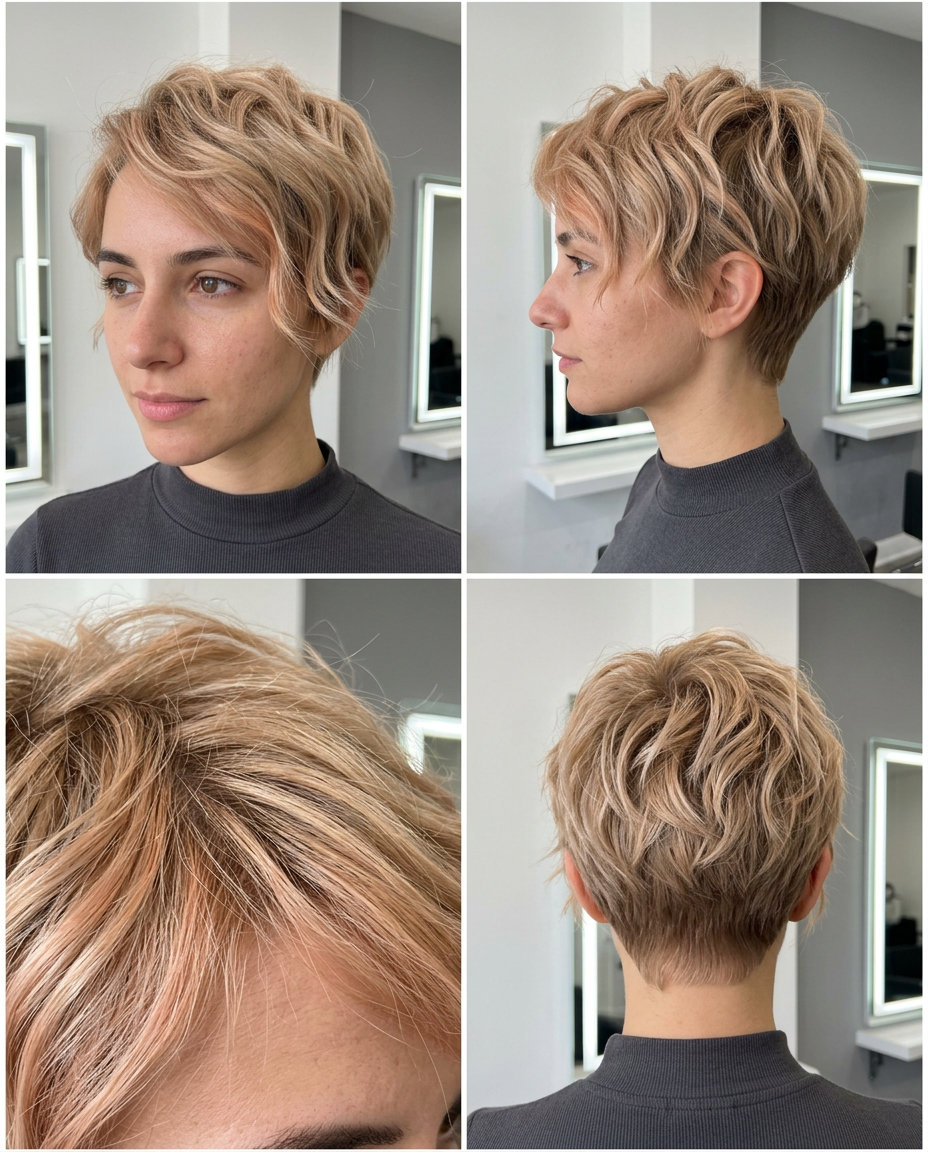 ultra-short pixie haircut in peach fuzz on sandy blonde with choppy layers and razored ends for summer