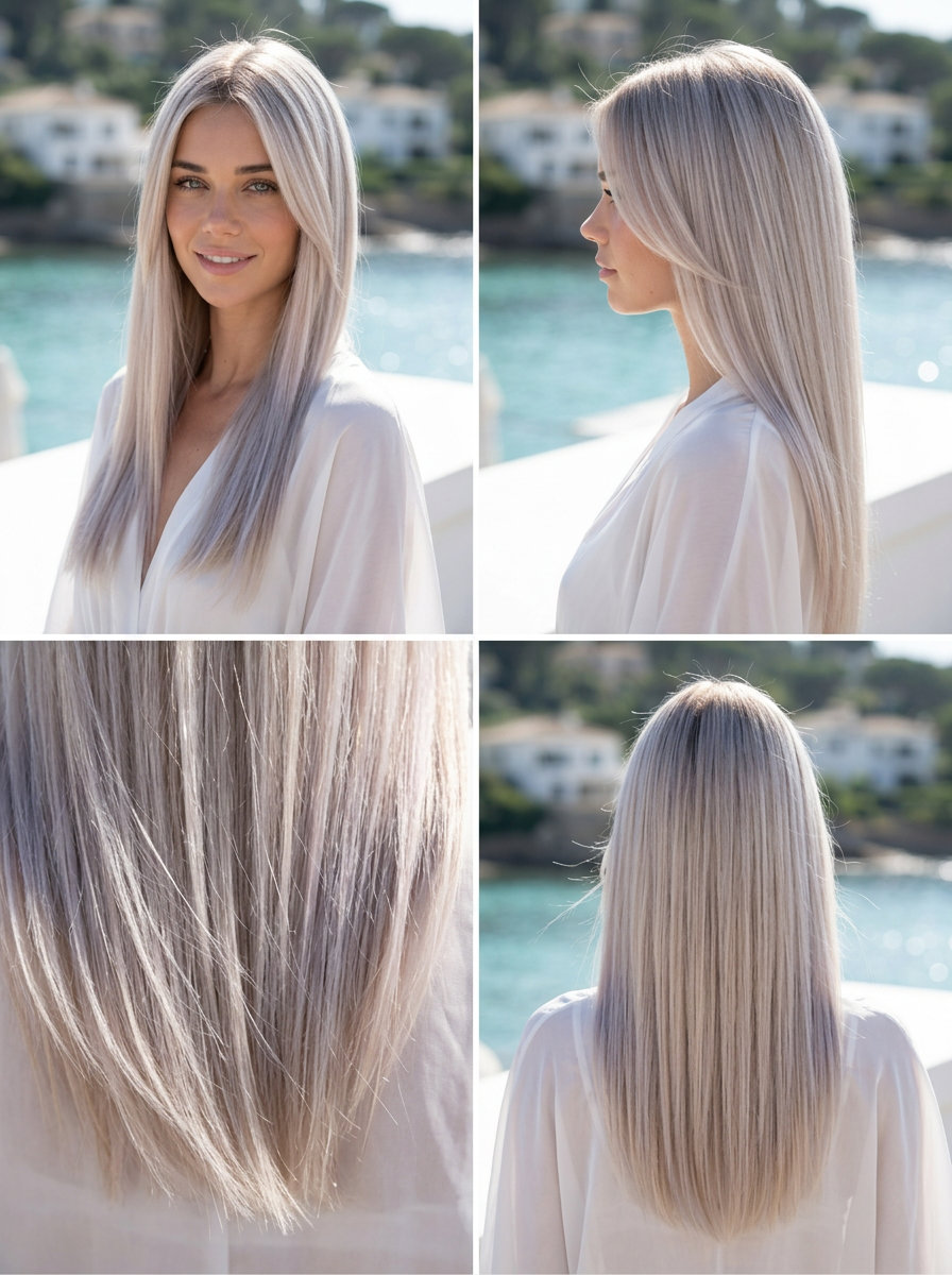 long blunt haircut in pearl blonde, silver-violet undertones, soft root smudge, middle part — elegant