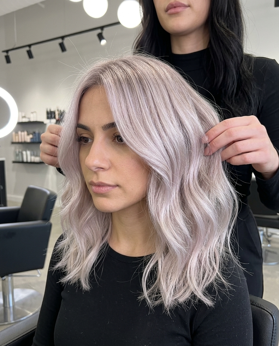 Romantic Pearl Wave Midi Haircut medium pearl blonde haircut with platinum base and violet-ash toner, soft face-framing pieces for romantic dates