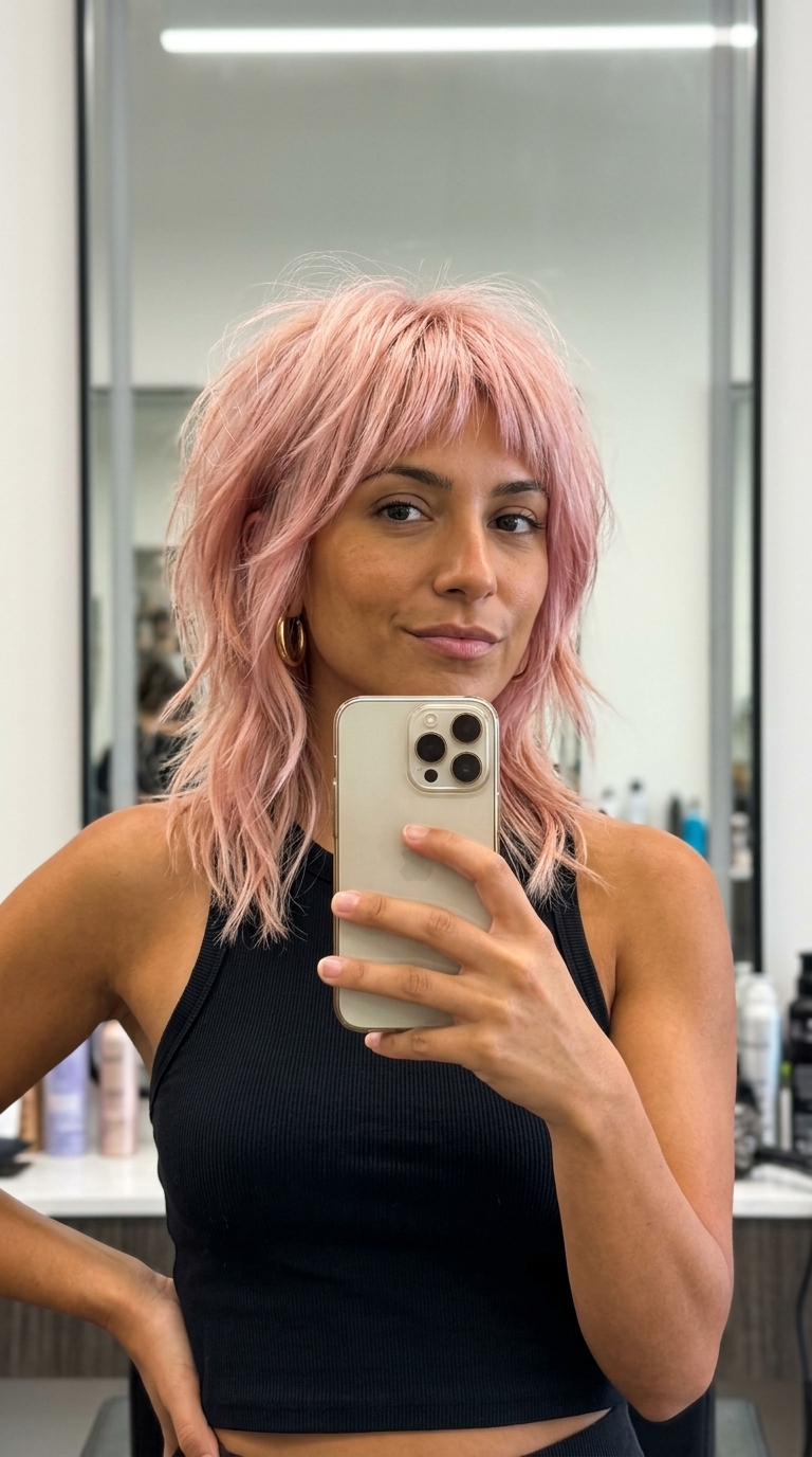 Pastel Pink Shaggy Bob 2026 chin-length pink shag bob with rose gold undertones, choppy layers and micro-fringe