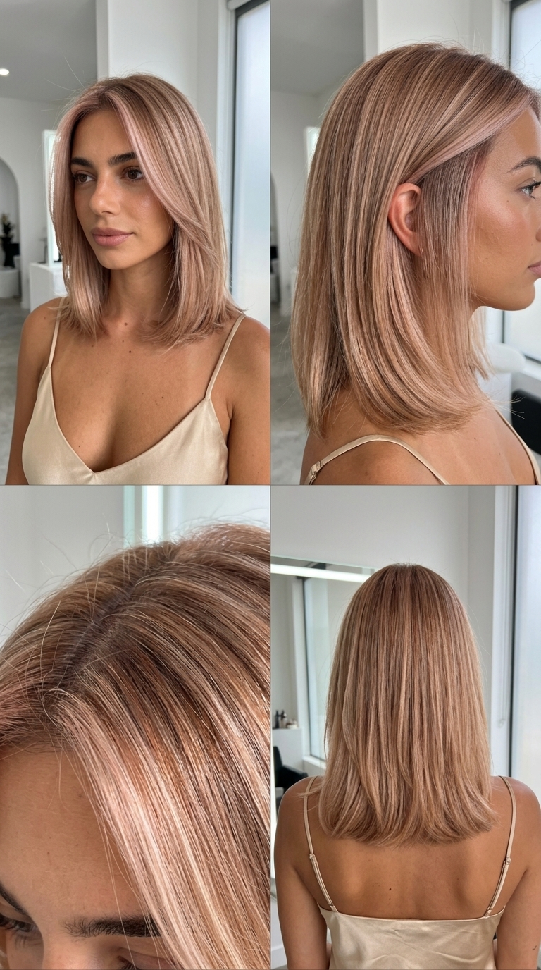 long strawberry blonde babylights with pale pink-gold glaze, Scandi hairline — soft modern minimalist