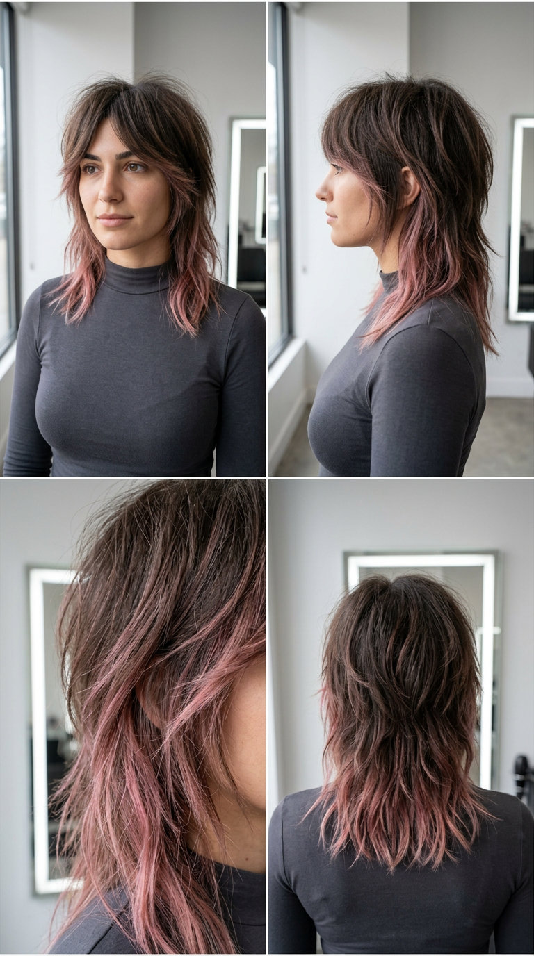 medium-length shag wolf cut with hidden aura pink accents and mega volume for a retro look