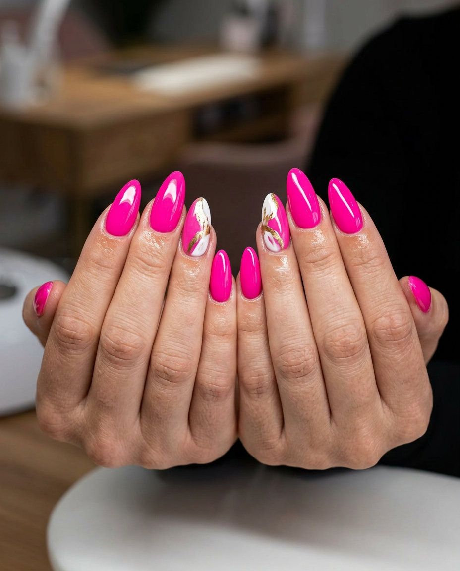 Bold pink summer nails 2026: Hot pink with abstract white & gold decals for parties.