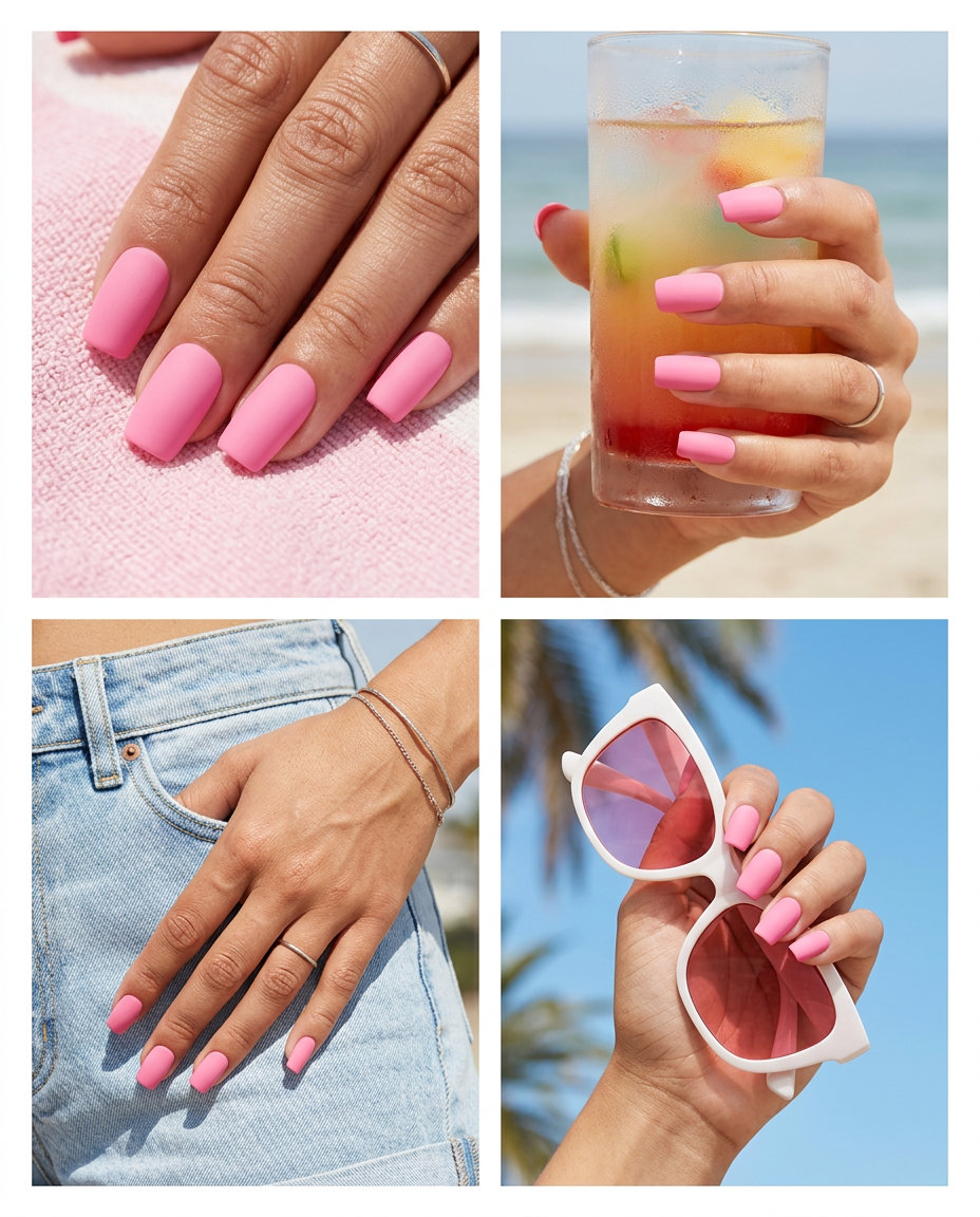 Bright Pink Matte Solid nails for casual outings, festivals. Pink summer nails 2026. Bold, edgy statement.