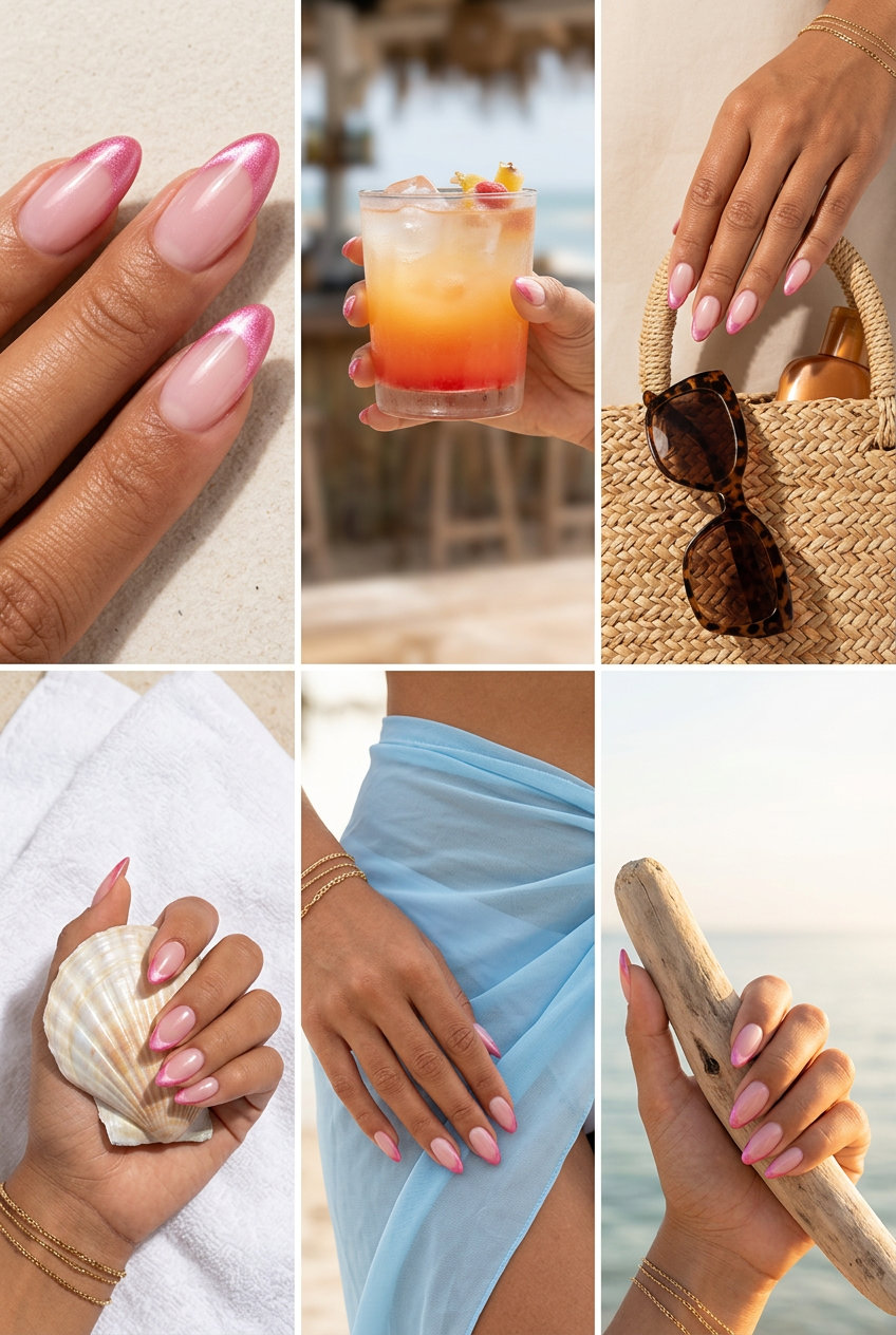 Glamorous pink summer nails 2026: Cat-eye French tips for sophisticated evening wear.