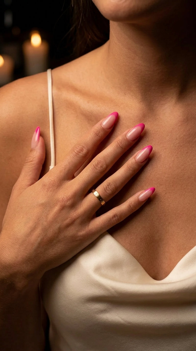 Fuchsia Airbrush French nails for parties, festivals. Pink summer nails 2026. Edgy, bold graphic.