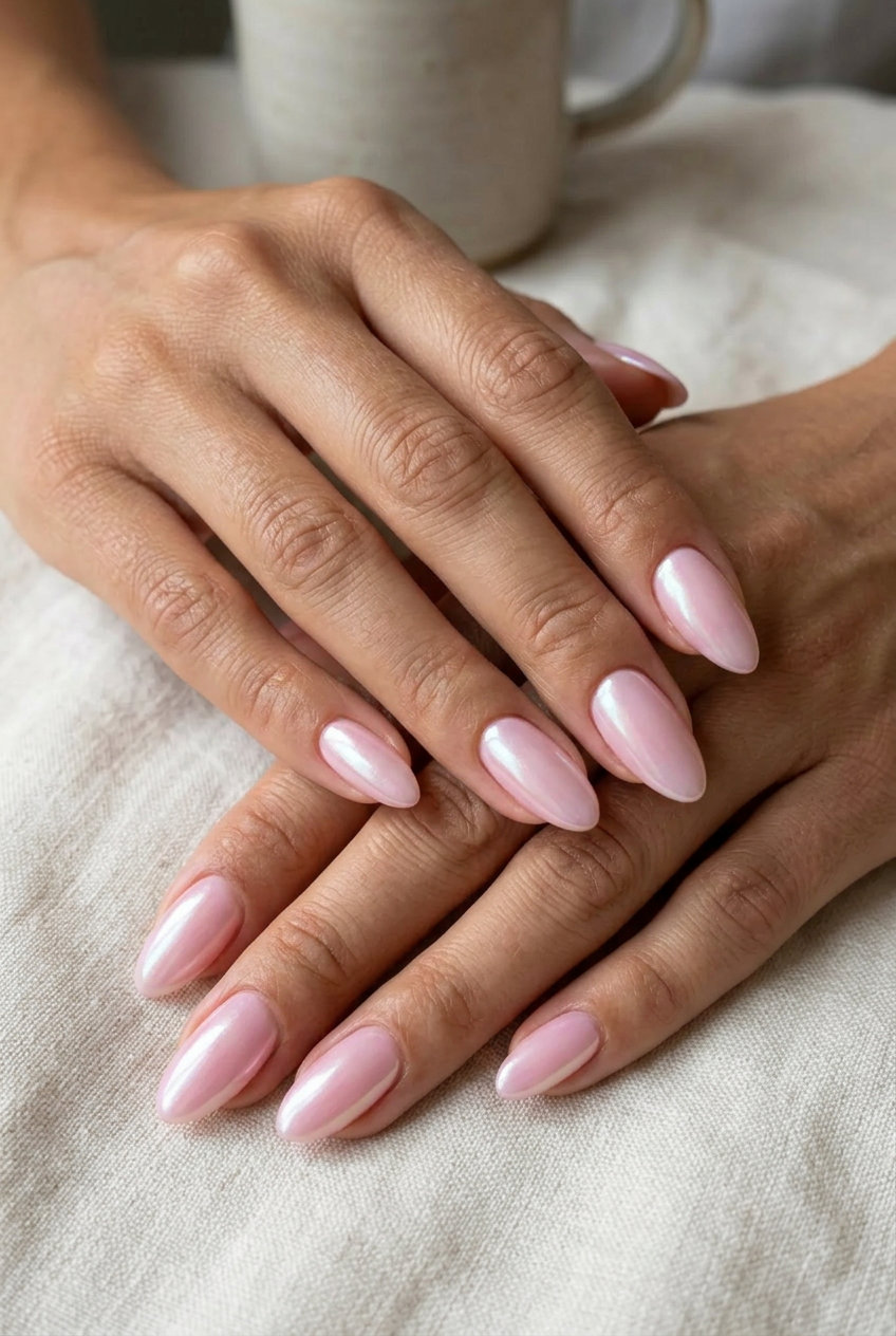 Soft pink glazed donut shimmer nails for date night 2026. Ethereal, romantic stiletto with pearlescent glow.