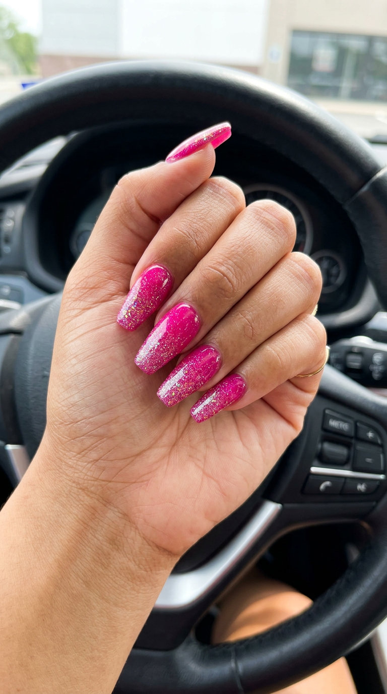 Hot Pink Glitter Ombre nails for parties, summer events. Pink summer nails 2026. Glamorous, festive.